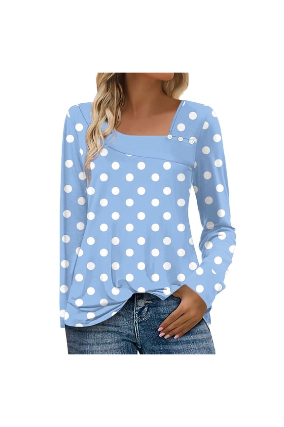 Light Blue Women's Long Sleeve Blouse with White Dots – Square Neck Retro-Inspired Top