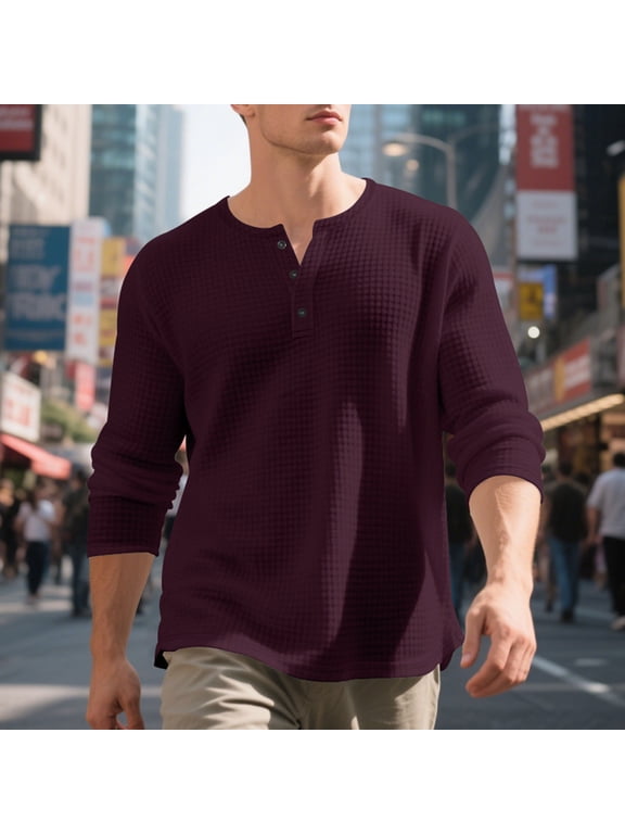 Long Sleeve Henley Shirts for Men Casual Waffle Thermal Fashion 3-Button T-Shirt
