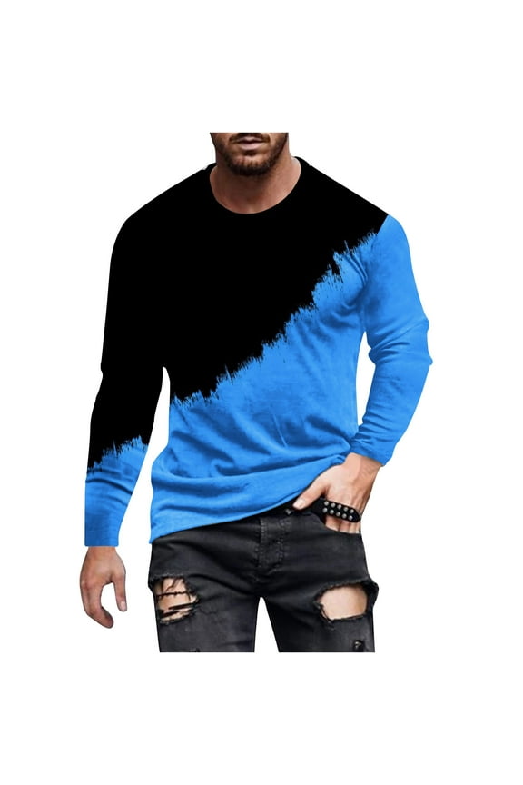 Men's Eye-Catching Diagonal Dye Long-Sleeve T-Shirt: Bold Black & Blue Contrast for a Modern, Edgy Look