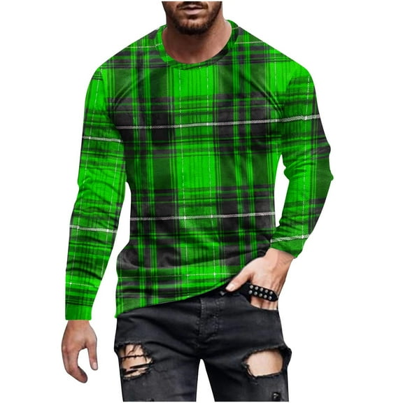 Your-Sty Men's Shirts Long Sleeve T-Shirt Crew Neck Midweight Tees Classic Basic Casual Tops Plaid Shirt