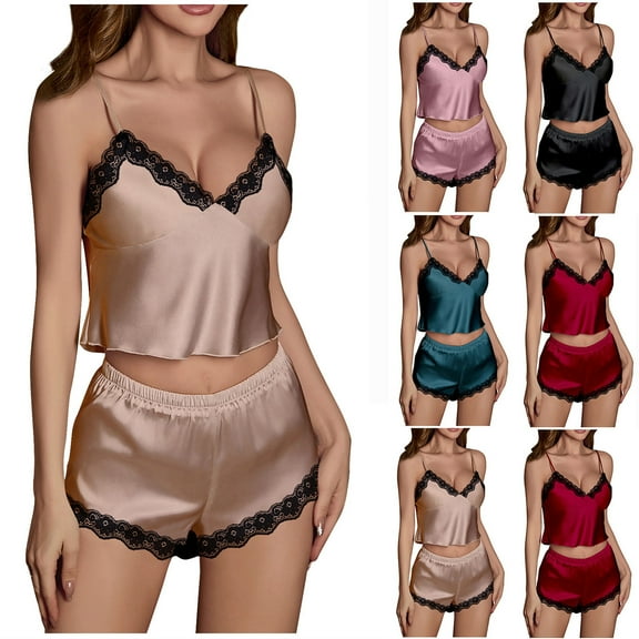 Your-Sty Pajama Sets for Women Sleepwear 2 Piece Cami Split Short Set V Neck Lace Pjs