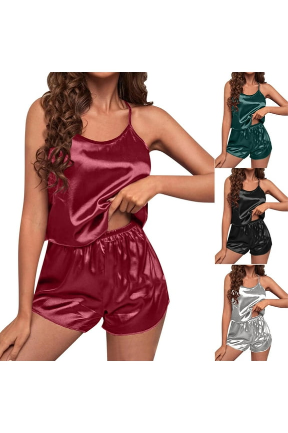 Satin Pajamas Women's Soft Sleepwear Solid Casual Silk Cami Shorts Set Nightwear S-3XL