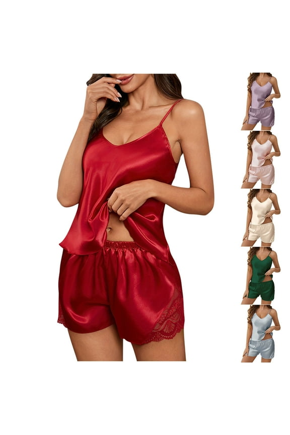 Silk Pajamas Set for Women Satin Sleepwear Pjs Cami Top and Shorts Soft 2 Piece Nightwear