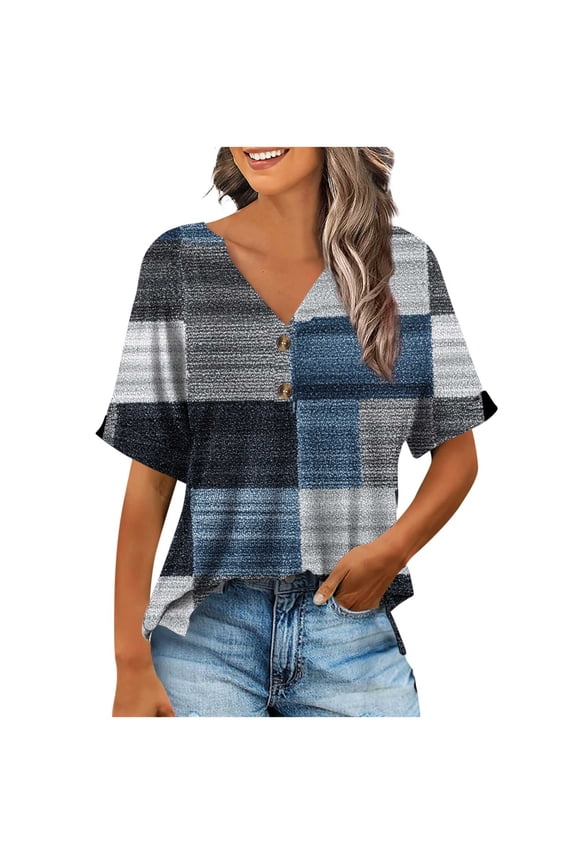 Summer Floral V Neck Blouse for Women Short Sleeve Tops Casual Cute Loose Fit Button Down T Shirts