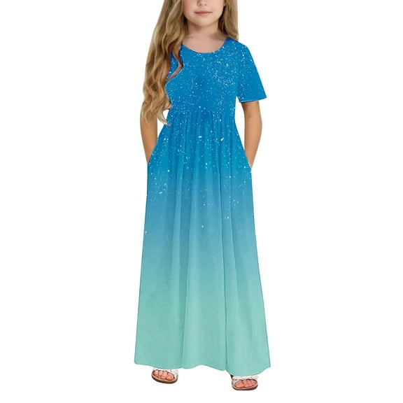 Your-Sty Toddler Girls Sparkling Print Stretchy Pocket Dress - Cute A-Line Short Sleeve Long Dress for Kids