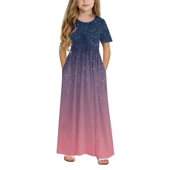 Your-Sty Toddler Girls Sparkling Print Stretchy Pocket Dress - Cute A-Line Short Sleeve Long Dress for Kids