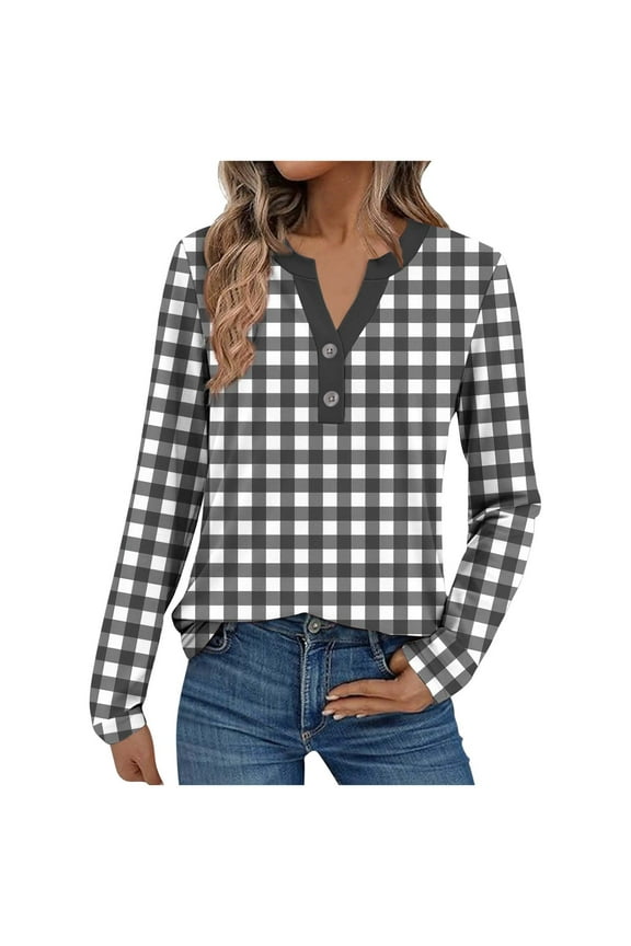 Women’s Black & White Checkered Long Sleeve Shirt – V-Neck Plaid Blouse with Contrast Trim (Casual Chic, Cotton Comfort)