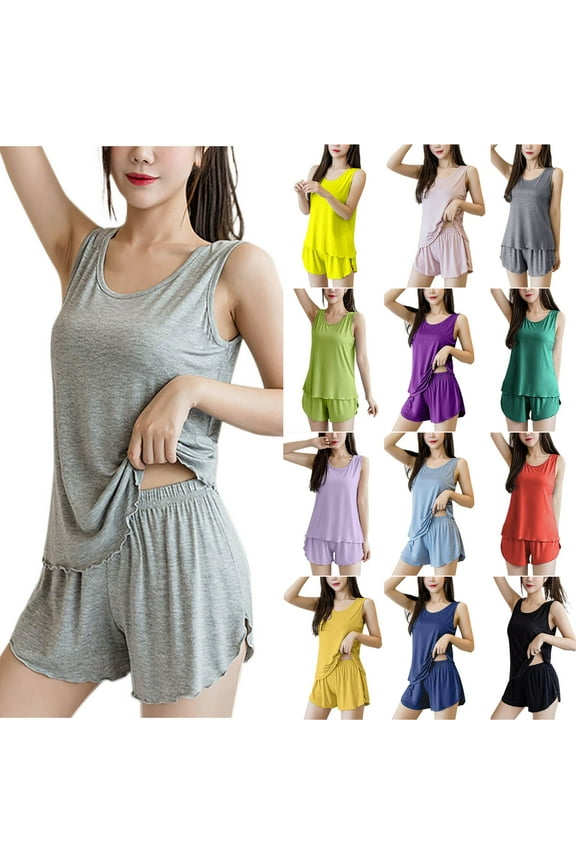 Women's Spaghetti Strap Pajama Set Ruffle Trim Crop Cami Top and Shorts PJ Set 2 Piece