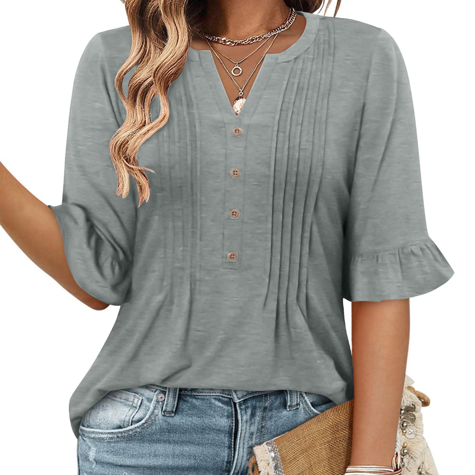 Your-Sty Women's V Neck Flare Short Sleeve Shirts Pleated Button Down ...