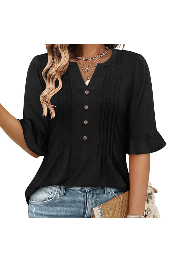 Women's V Neck Flare Short Sleeve Shirts Pleated Button Down Summer Causal Tops, Lightweight & Dressy for 2025 Trends