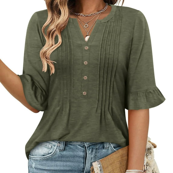Your-Sty Women's V Neck Flare Short Sleeve Shirts Pleated Button Down Summer Causal Tops, Lightweight & Dressy for 2025 Trends