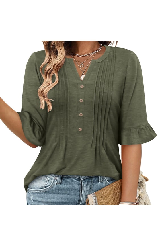 Women's V Neck Flare Short Sleeve Shirts Pleated Button Down Summer Causal Tops, Lightweight & Dressy for 2025 Trends