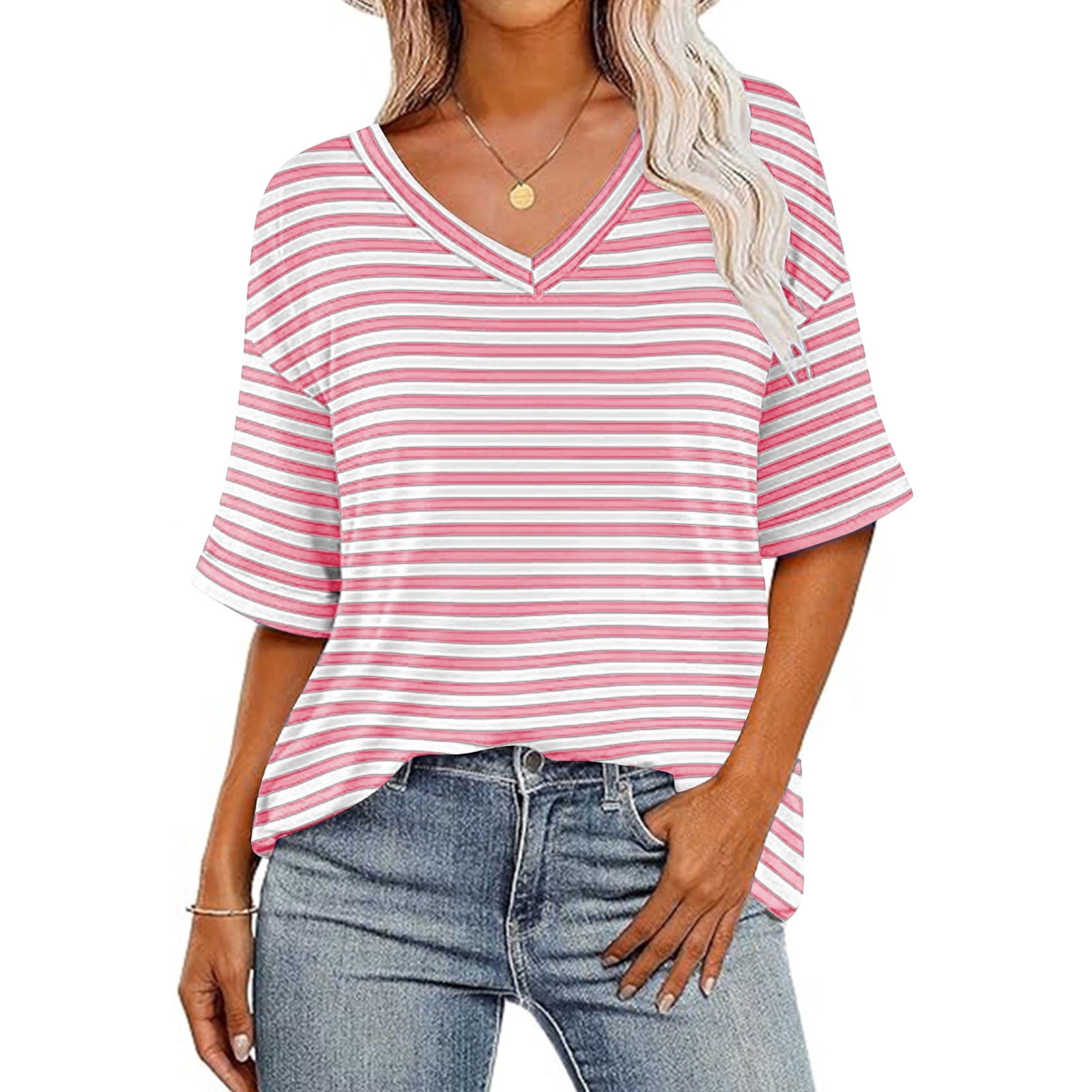 Your-Sty Women's V Neck Striped Shirt Short Sleeve Summer Tops Casual ...