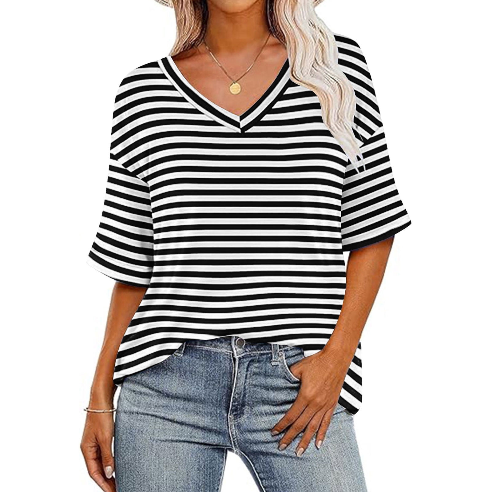 Your-Sty Women's V Neck Striped Shirt Short Sleeve Summer Tops Casual ...