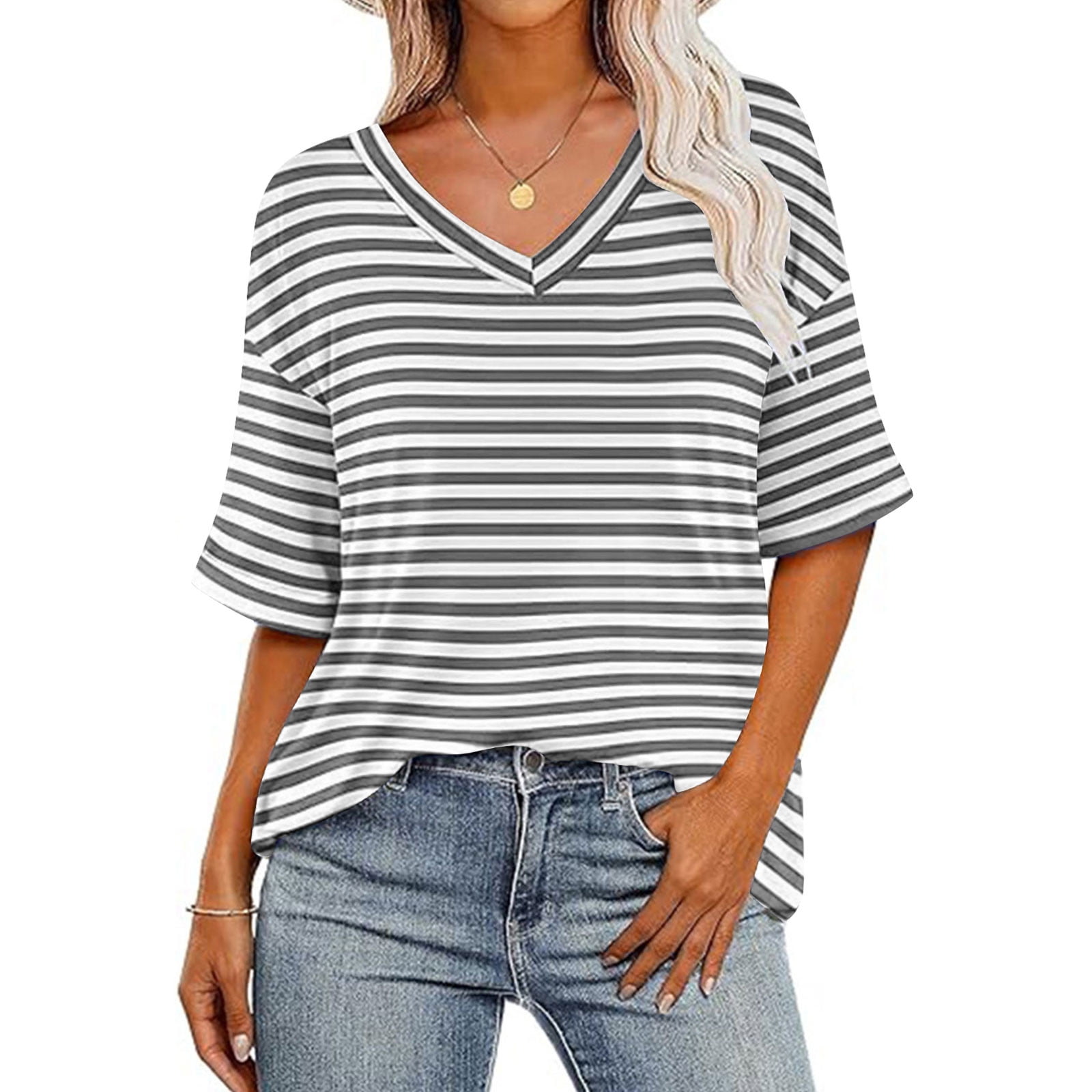 Your-Sty Women's V Neck Striped Shirt Short Sleeve Summer Tops Casual ...
