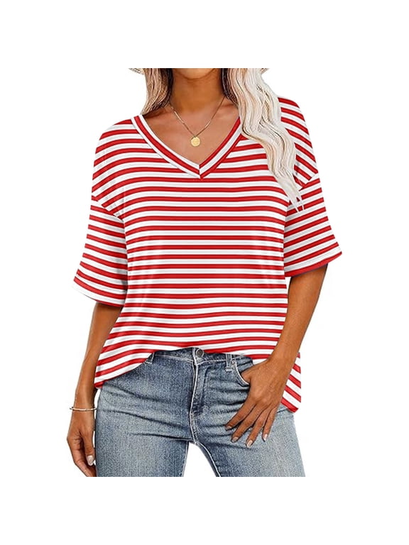 Women's V Neck Striped Shirt Short Sleeve Summer Tops Casual Loose Fit Tee