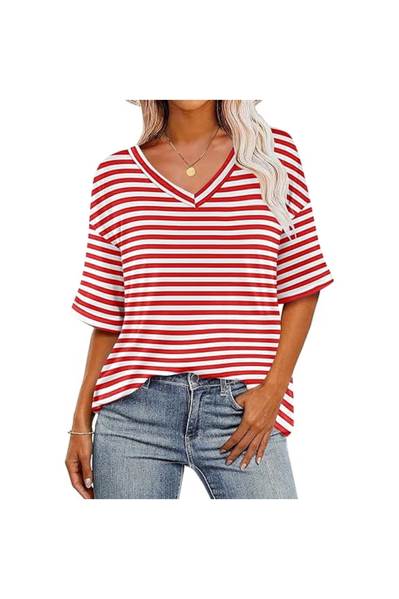Women's V Neck Striped Shirt Short Sleeve Summer Tops Casual Loose Fit Tee