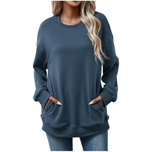 Your-Sty Womens Casual Long Sleeve Round Neck Pocket T Shirts Solid Blouses Tunic Sweatshirt Tops with Pocket