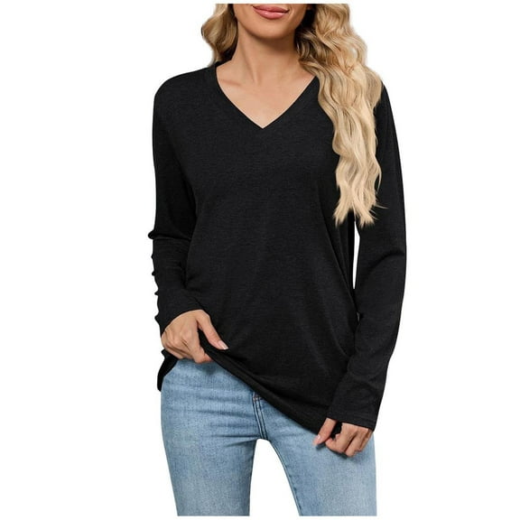 Your-Sty Womens Long Sleeve T Shirts V Neck Soft Basic Tee Loose Fit Casual Tops Fashion Top