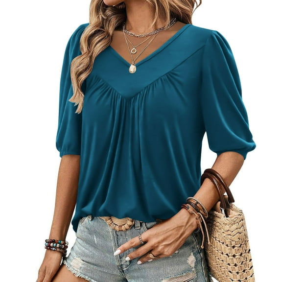 Your-Sty Womens Summer Tops 2025 Pleated V Neck T Shirts Short Sleeve Blouses Ruffle Flowy Tunics S-2XL