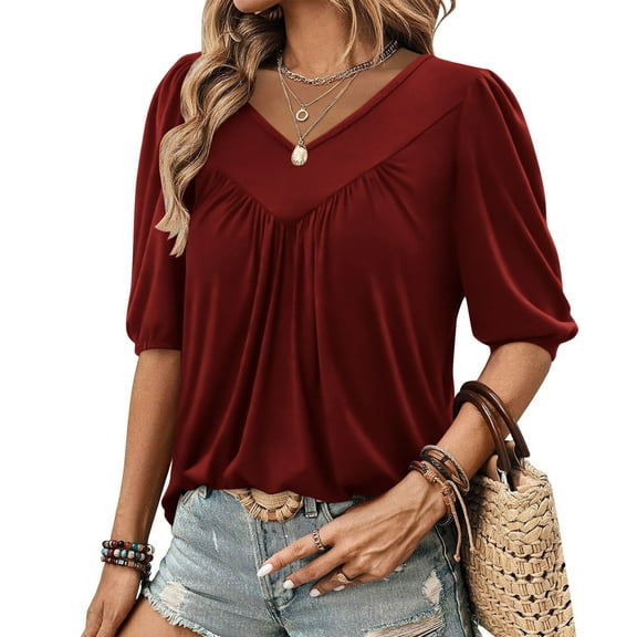 Your-Sty Womens Summer Tops 2025 Pleated V Neck T Shirts Short Sleeve Blouses Ruffle Flowy Tunics S-2XL