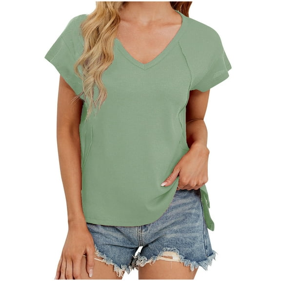 Your-Sty Womens Summer Tops Short Sleeve Shirts for Women V Neck Basic Fashion Side Split Loose Blouse