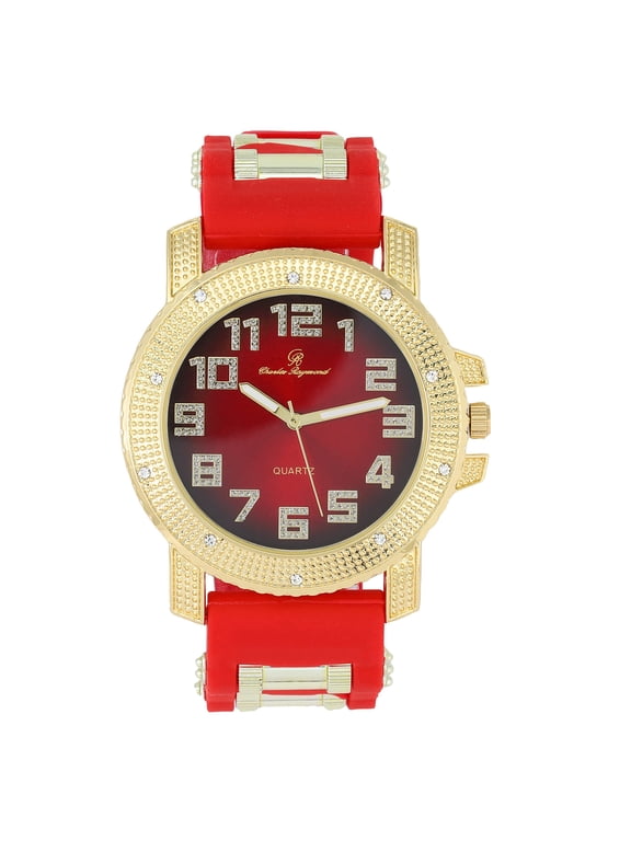 Your The One That I Want! Ooh!Ooh!Yeah! Incredibly Cool, Comfortable & Stunning Rubber Bullet Strap Watch - Unisex EasyReader Dial w/Arabic #'s - Bullet Bling Watch on Fire! - GJM-AR Gold RED/RED