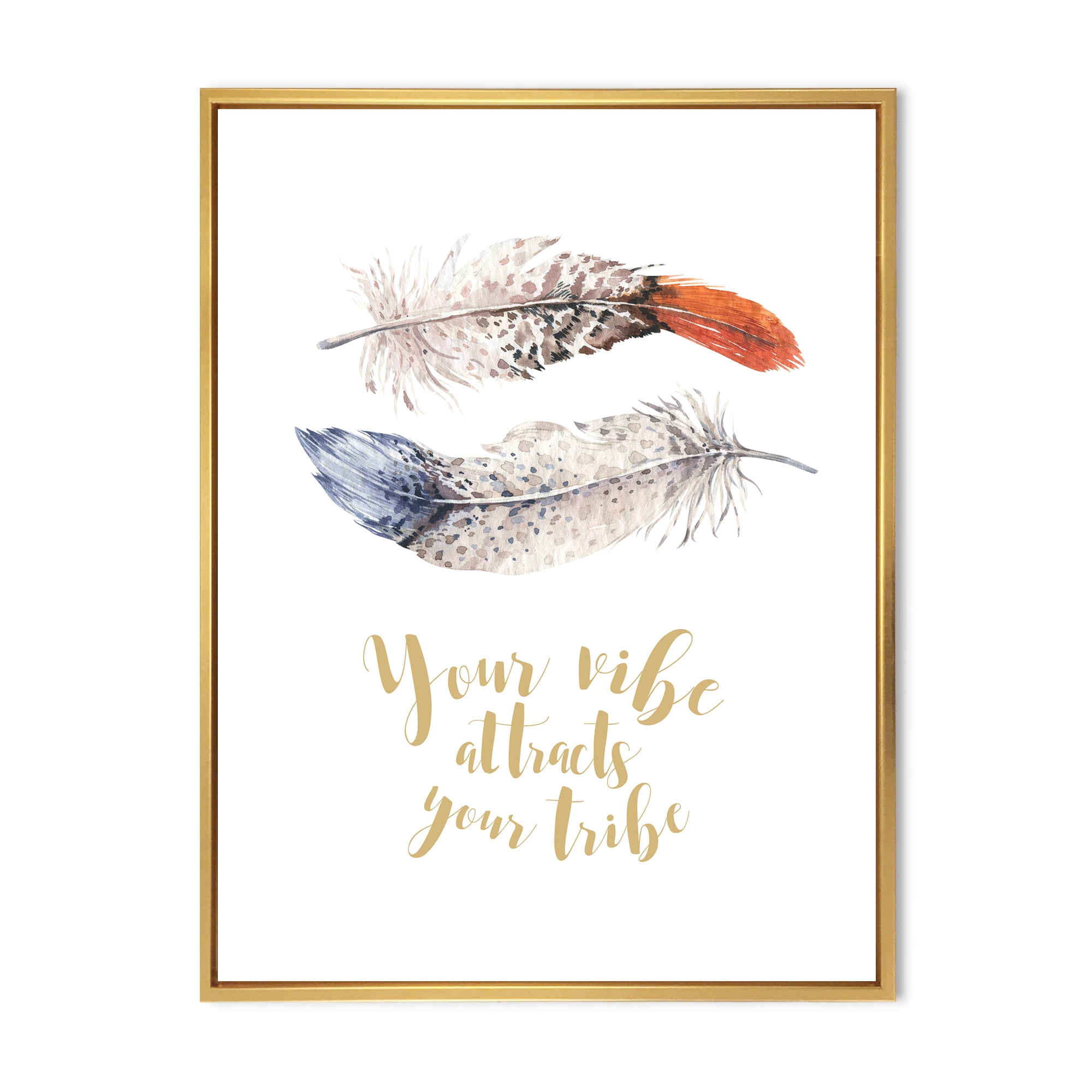 Your VIbe Attracts Your Tribe Two Feathers 12 in x 20 in Framed Painting Canvas Art Print, by Designart