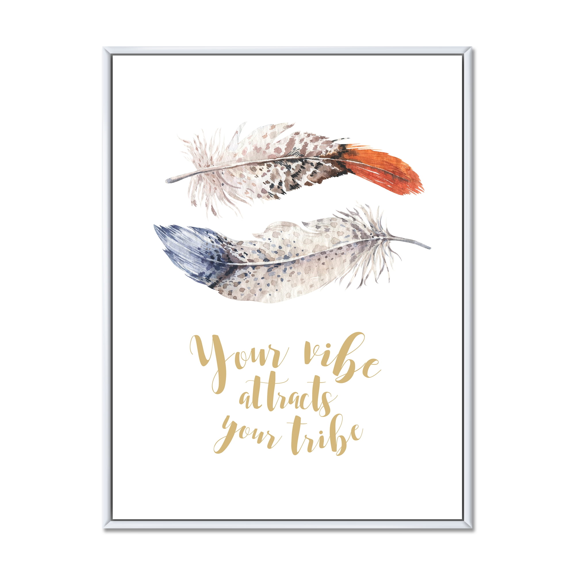 Your VIbe Attracts Your Tribe Two Feathers 24 in x 32 in Framed Painting Canvas Art Print, by Designart