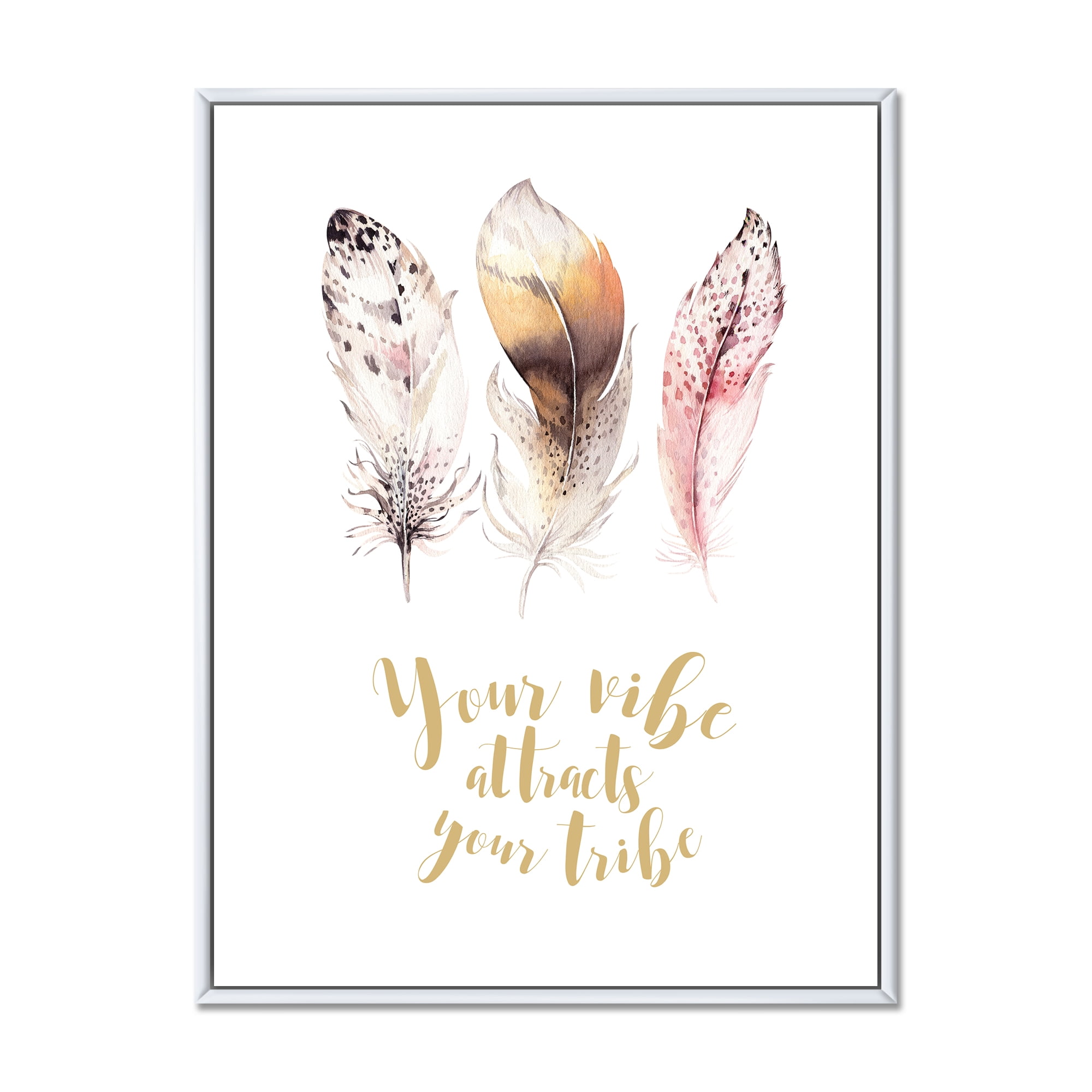 Your Vibe Attracts Your Tribe Ethnic Feathers I 16 in x 32 in Framed Painting Canvas Art Print, by Designart