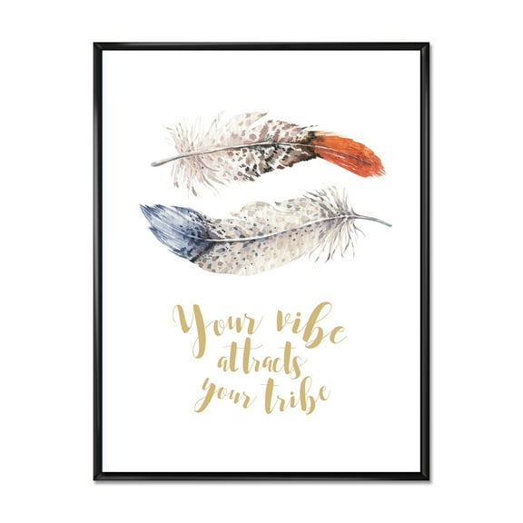 Your Vibe Attracts Your Tribe Two Feathers 12 in x 20 in Framed Painting Canvas Art Print, by Designart