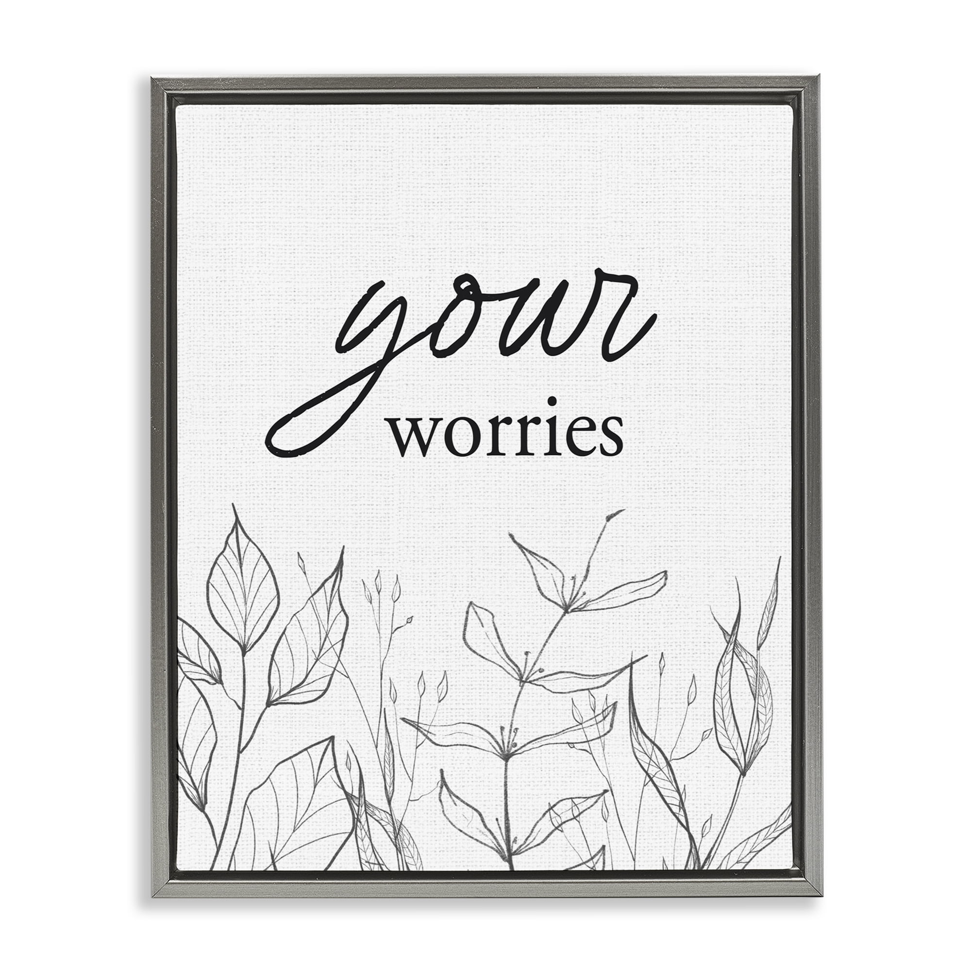 Your Worries Minimalist Leaves Gray Framed Floater Canvas Wall Art, design by Lettered and Lined