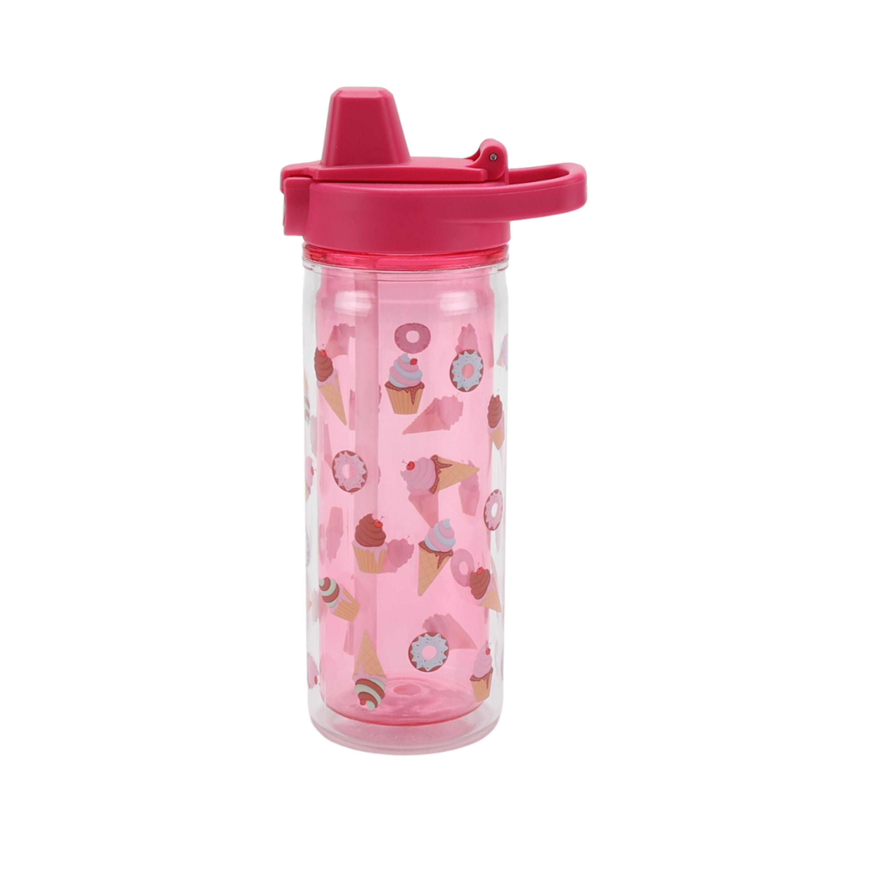 Your Zone 14-Ounce Plastic Water Bottle with Action Lid and Straw, Ice Cream, Double Wall Insulated