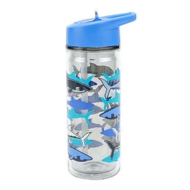 Your Zone 14-Ounce Plastic Water Bottle with Lid and Straw, Blue Shark, Double Wall Insulated