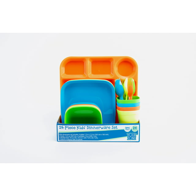 Your Zone 24 Piece Dinnerware Set for Kids with 4 each Trays, Bowls, Plates, Cups, Forks, Spoons in Bright Blue, Green, Orange, Yellow
