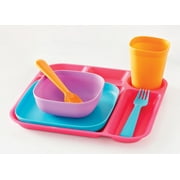 Your Zone 24 Piece Plastic Dinnerware Set for Kids with 4 Each Trays, Bowls, Plates, Cups, Forks in Purple, Pink, Blue, Orange