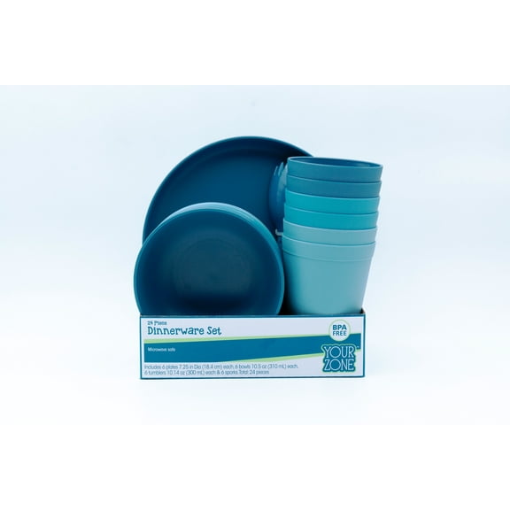 Your Zone 24 Piece Plastic Dinnerware Set for Kids with 6 each: Bowls, Plates, Cups, and Sporks in Blue, Navy, Gray Blue