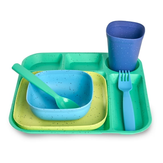 Your Zone 24-Piece Plastic Kids Dinnerware Set with 4 Trays, Bowls, Plates, Cups, Forks, Spoons in Blue, Teal, Yellow, Navy