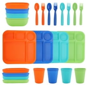 Your Zone 24-Piece Plastic Kids Dinnerware Set with 4 Trays, Bowls, Plates, Cups, Forks, Spoons in Orange, Blue, Aqua, Green