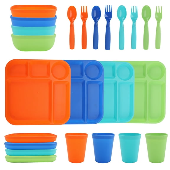 Your Zone 24-Piece Plastic Kids Dinnerware Set with 4 Trays, Bowls, Plates, Cups, Forks, Spoons in Orange, Blue, Aqua, Green