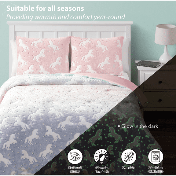 Your Zone 3-Piece Glow in the Dark Unicorn Comforter Set Twin/Full, Unisex, Kids