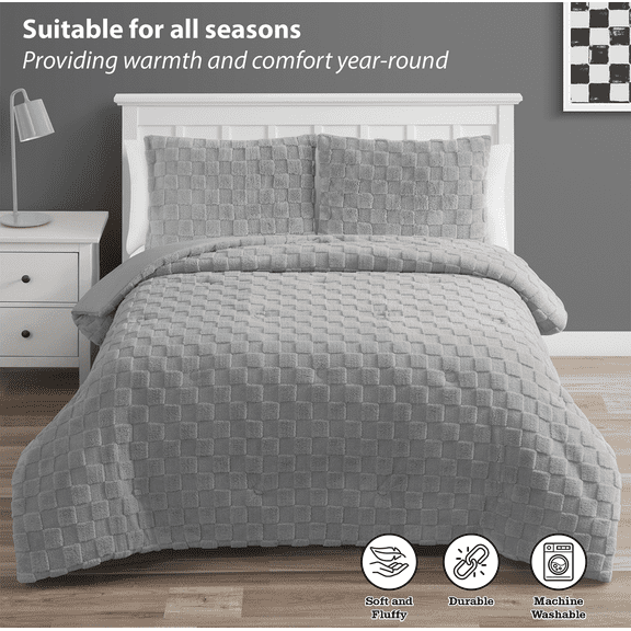 Your Zone 3-Piece Gray Embossed Checkerboard Comforter Set Twin/Full, Unisex, Kids