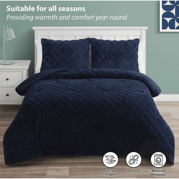 Your Zone 3-Piece Navy Embossed Checkerboard Comforter Set Twin/Full, Unisex, Kids