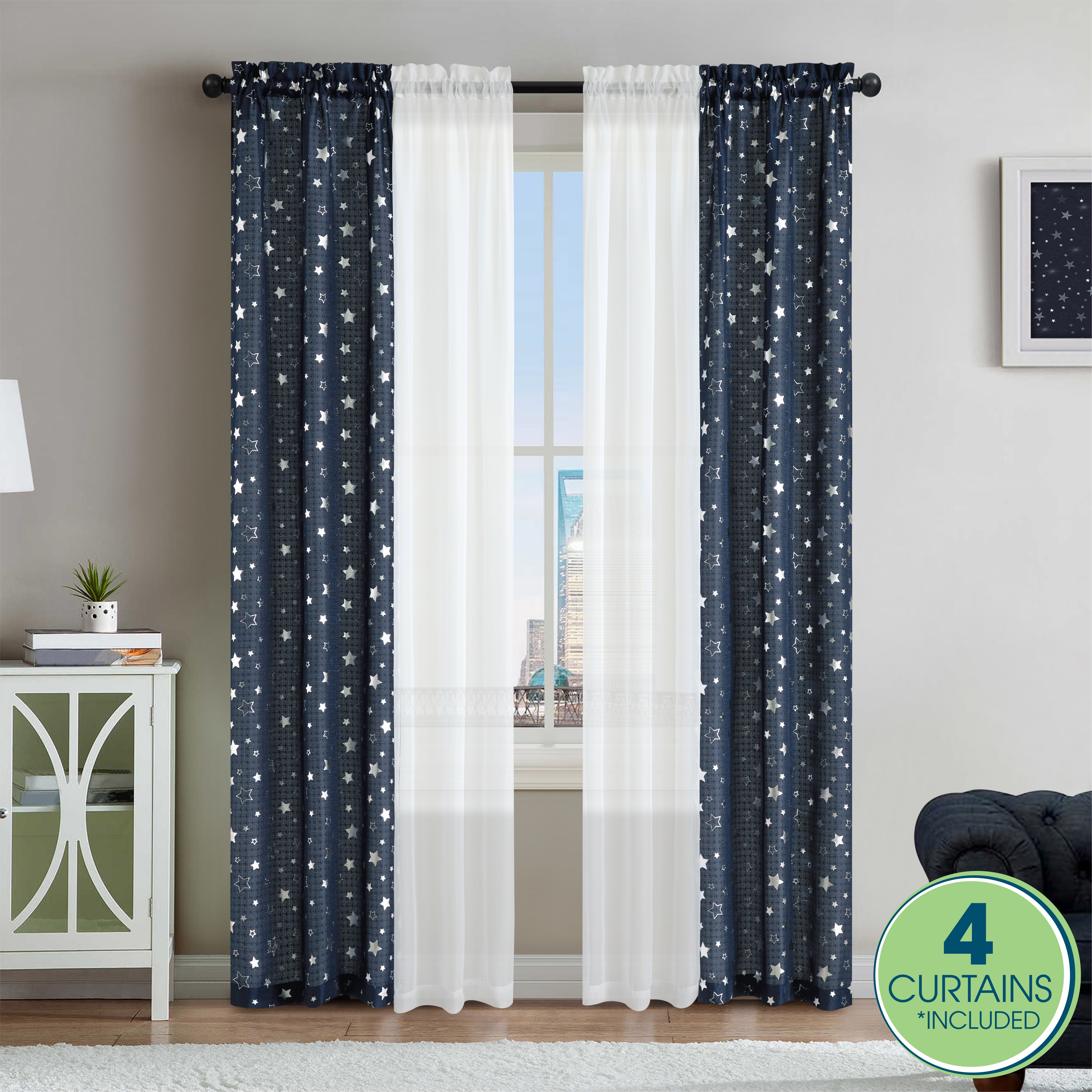 Your Zone Curtain and Sheers Panel Set, 4-Piece, Foil Stars Navy, 27.5" W x 54" L