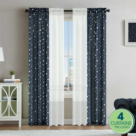 Your Zone Curtain and Sheers Panel Set, 4-Piece, Foil Stars Navy, 27.5 in W x 54 in L