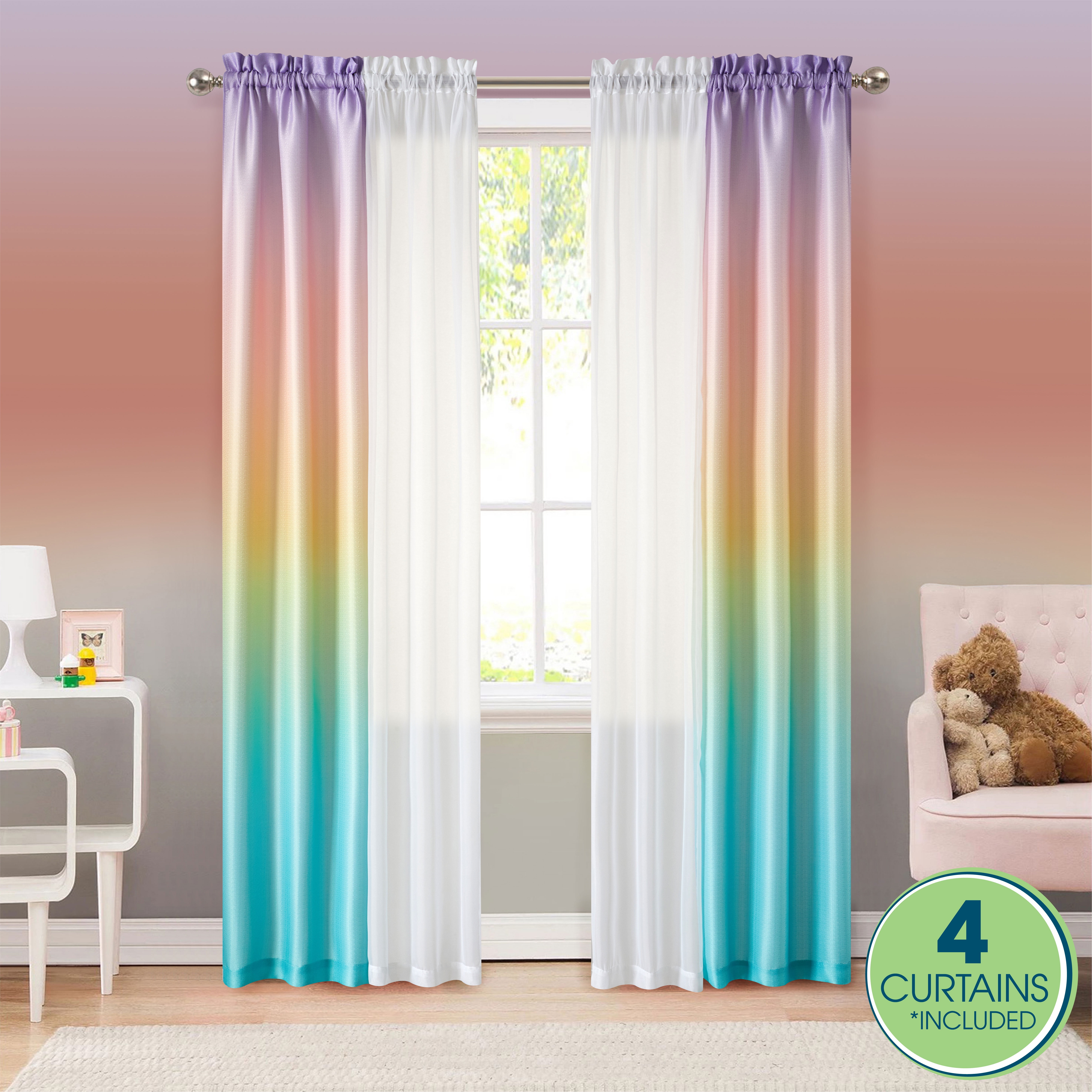 Your Zone Curtain and Sheers Panel Set, 4Piece, Ombre, 27.5