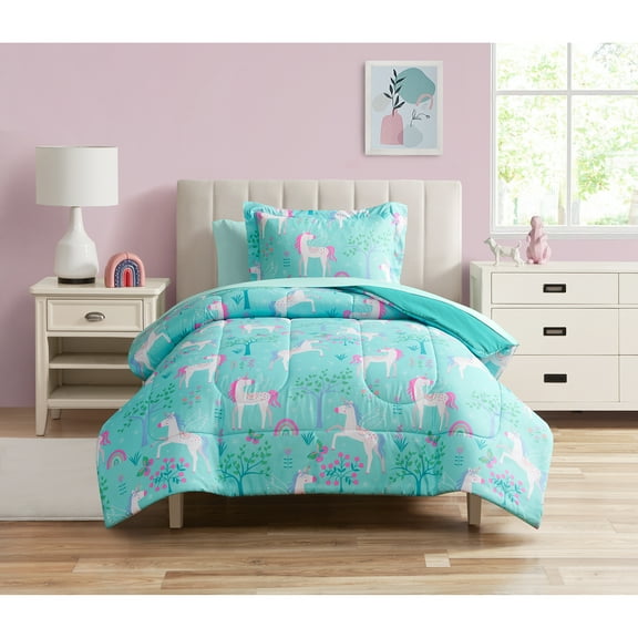 Your Zone 5 Piece Teal Unicorn Grove Polyester Bedding Set for Girls, Twin