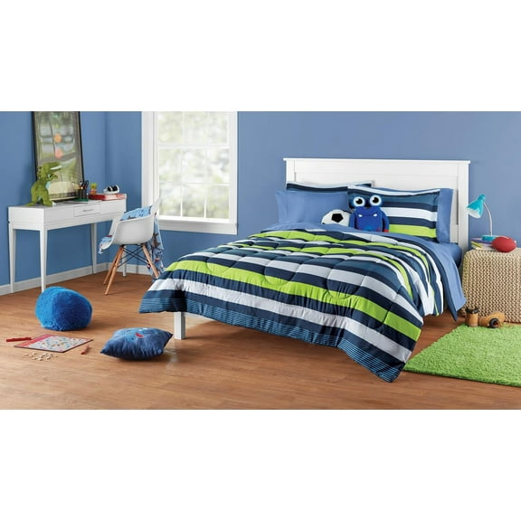 Your Zone Blue Stripe Full Bedding Set for Kids, Machine Wash, 7 Pieces