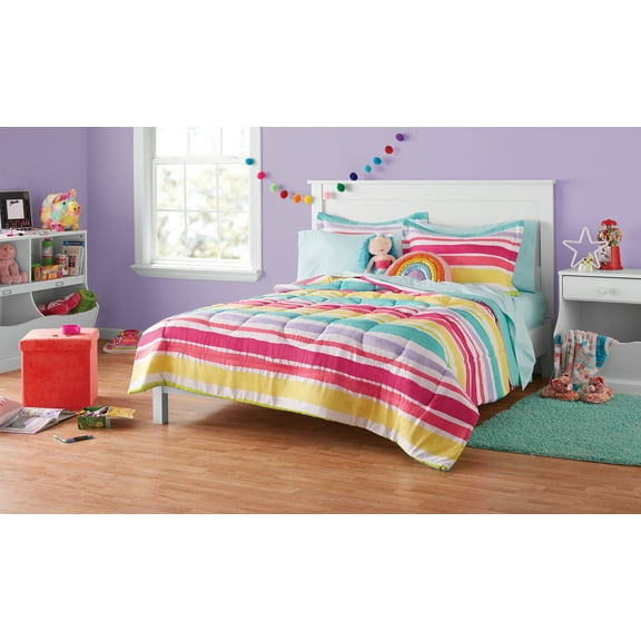 Your Zone 7 Piece Pink Rainbow Stripe Reversible Polyester Bedding Set for Kids, Full