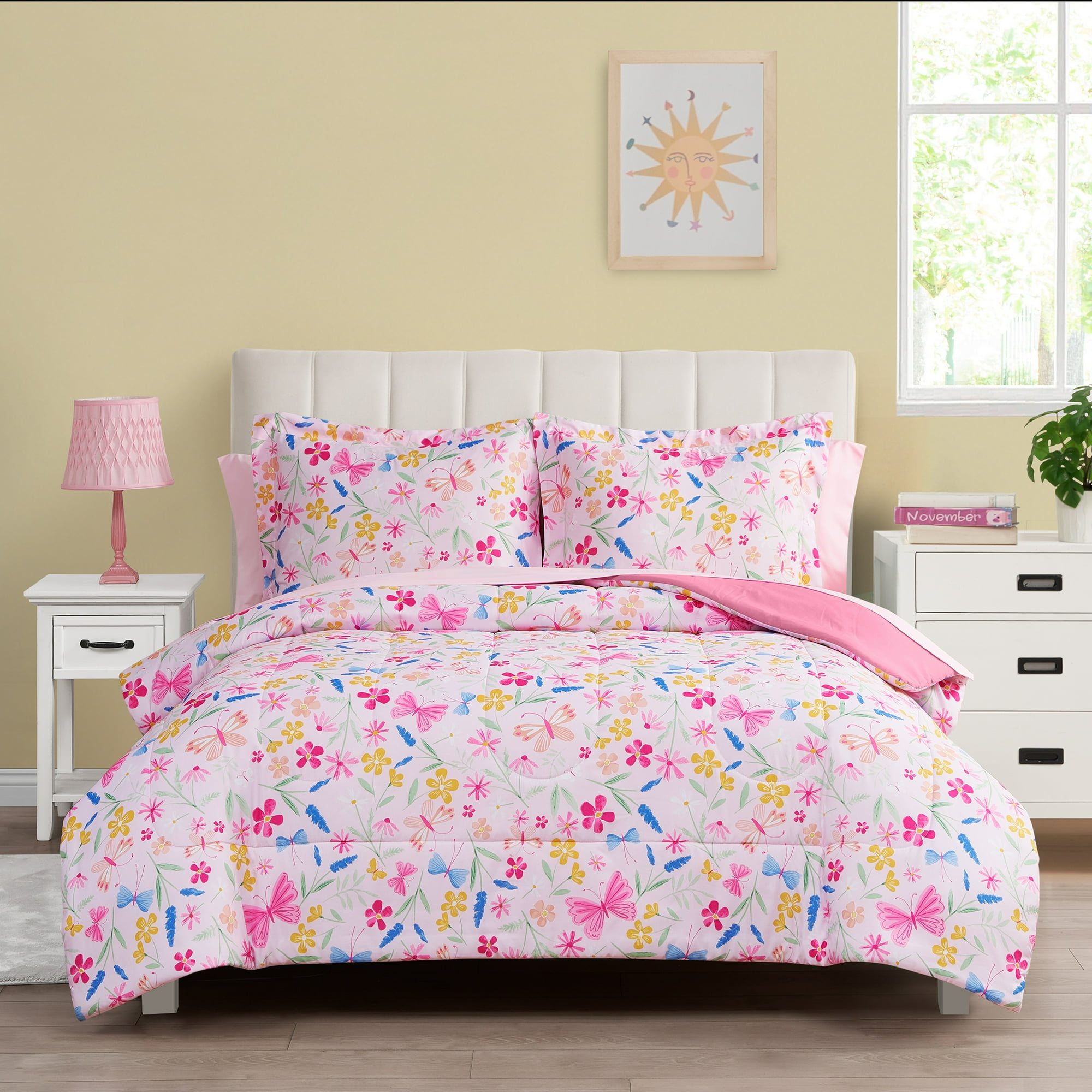7 Piece Pink Wildflower Polyester Bedding Set, Full Size